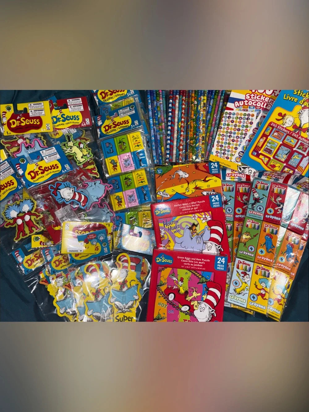 Dr. Seuss Party Favor / School supplies 8+ lbs colors, sharpeners, stickers, etc
